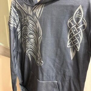 Mens Celtic Wolf Graphic Pullover Hoodie Blue Gray Viking Knotwork XL
